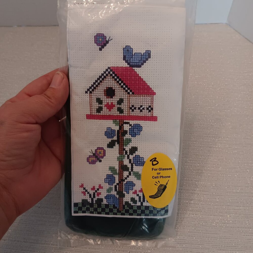 country garden birdhouse floral butterfly cross stitch kit glasses phone holder